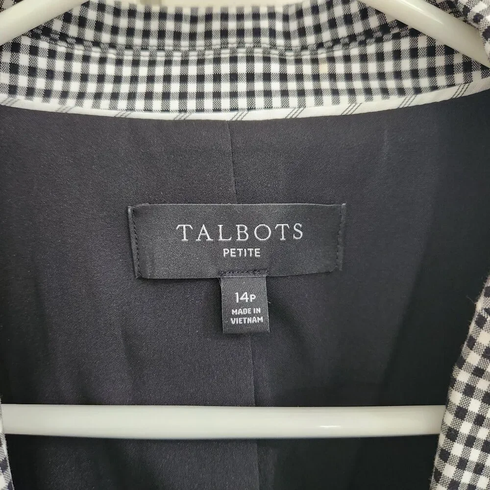 Talbots Gingham Blazer Jacket Petite Womens 14 Black White Office Suit Academia